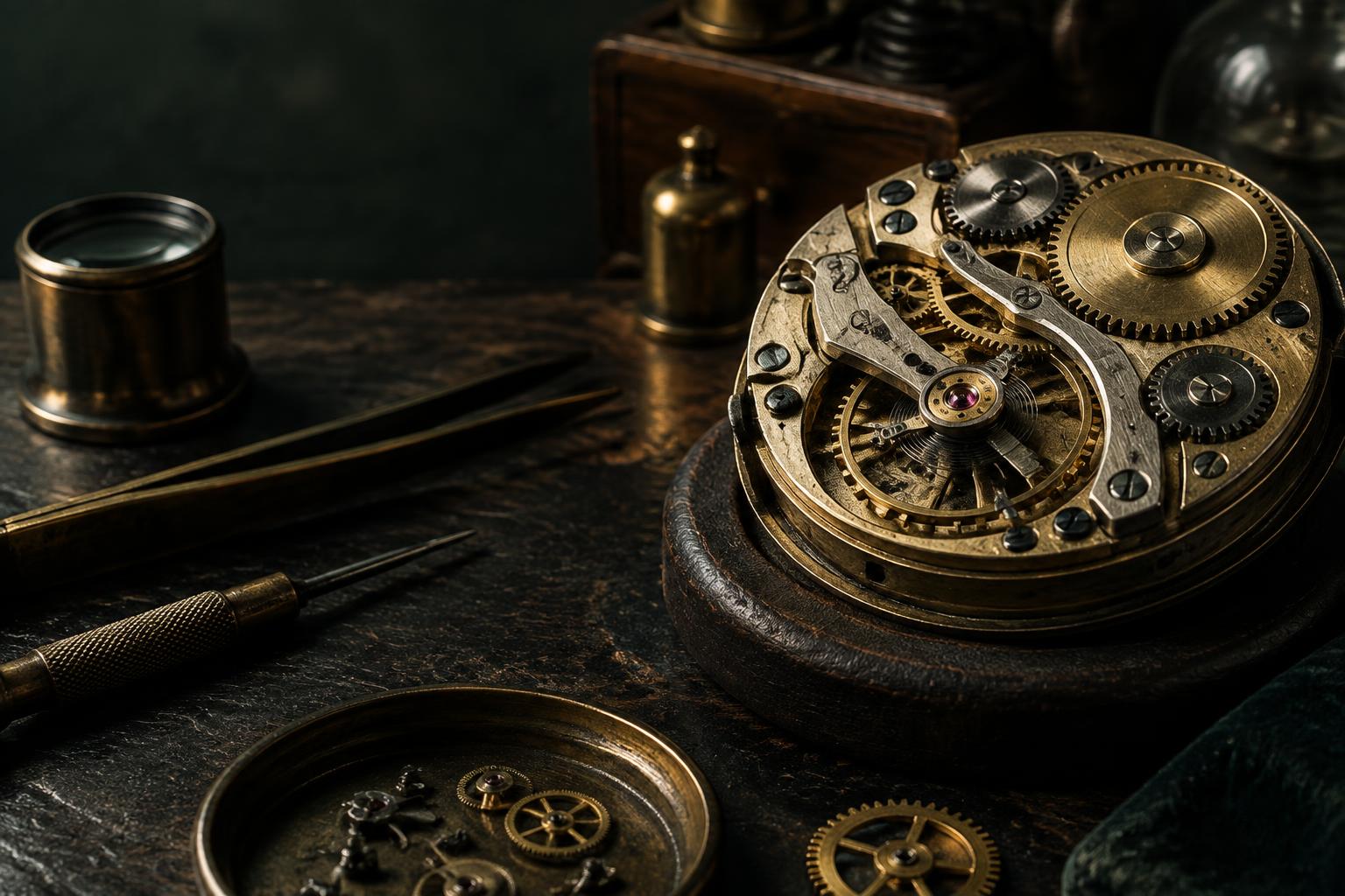 Mouvement mécanique ancien et outils d'horloger sur un établi